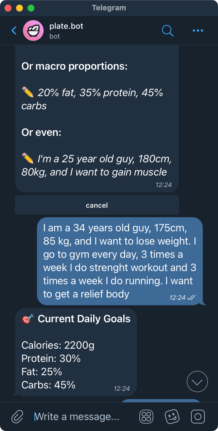 I can help you track calories or macros (grams and percentages)